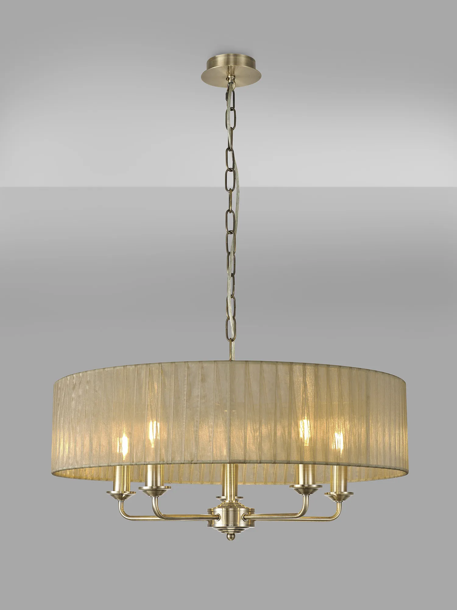 Banyan 5 Light Multi Arm Pendant With 60cm x 15cm Organza Shade Antique Brass/Soft Bronze DK0870  Deco Banyan AB SB